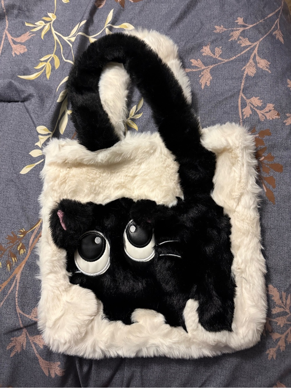 Plush Black & Cream Cat Tote Bag - Cute Faux Fur Handbag